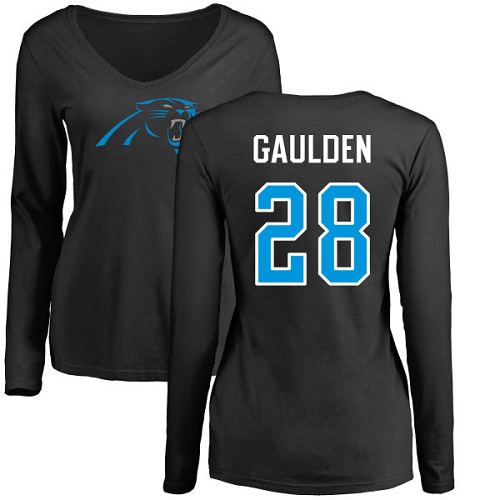 Carolina Panthers Black Women Rashaan Gaulden Name and Number Logo Slim Fit NFL Football #28 Long Sleeve T Shirt